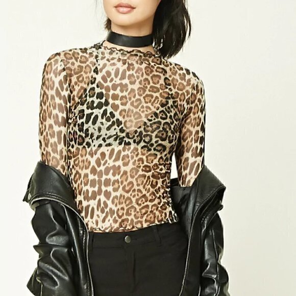FOREVER 21 LEOPARD /  CHEETAH PRINT SHEER TURTLE NECK | MEDIUM #FML130019 - Picture 2 of 9